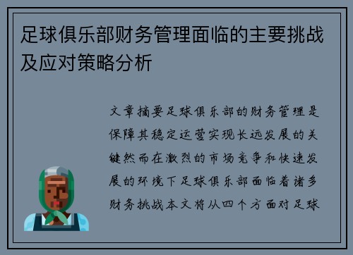 足球俱乐部财务管理面临的主要挑战及应对策略分析 足球俱乐部财务管理面临的主要挑战及应对策略分析
